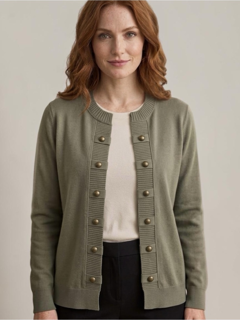 J. Jill Olive Green Open Front Military Button Ribbed Cardigan Knit Sweater LP